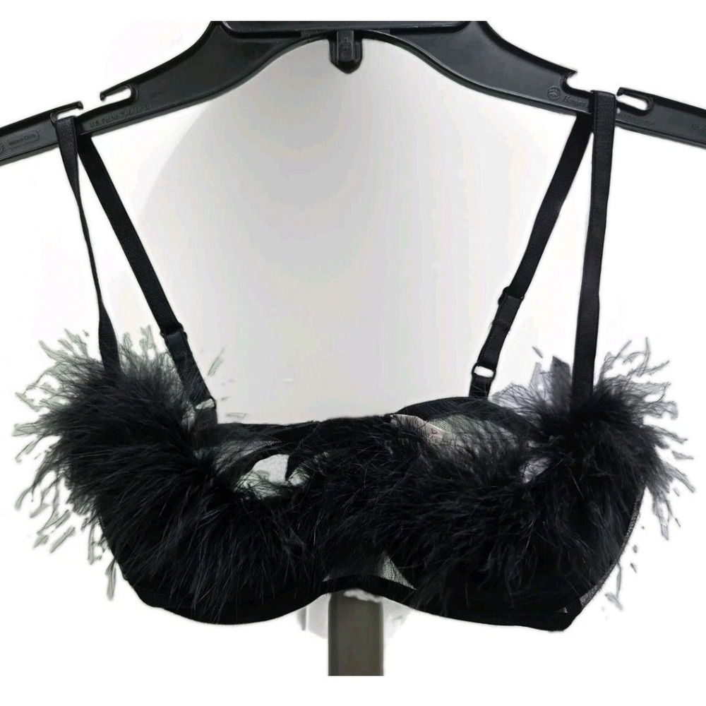 Victorias Secret Black Feather Mesh Underwire Bra 34C Ostrich Trim Lingerie